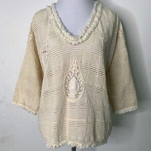 Rapsodia Women's Beige Cream Long Sleeve Boho V Neck  Shirt Size Large